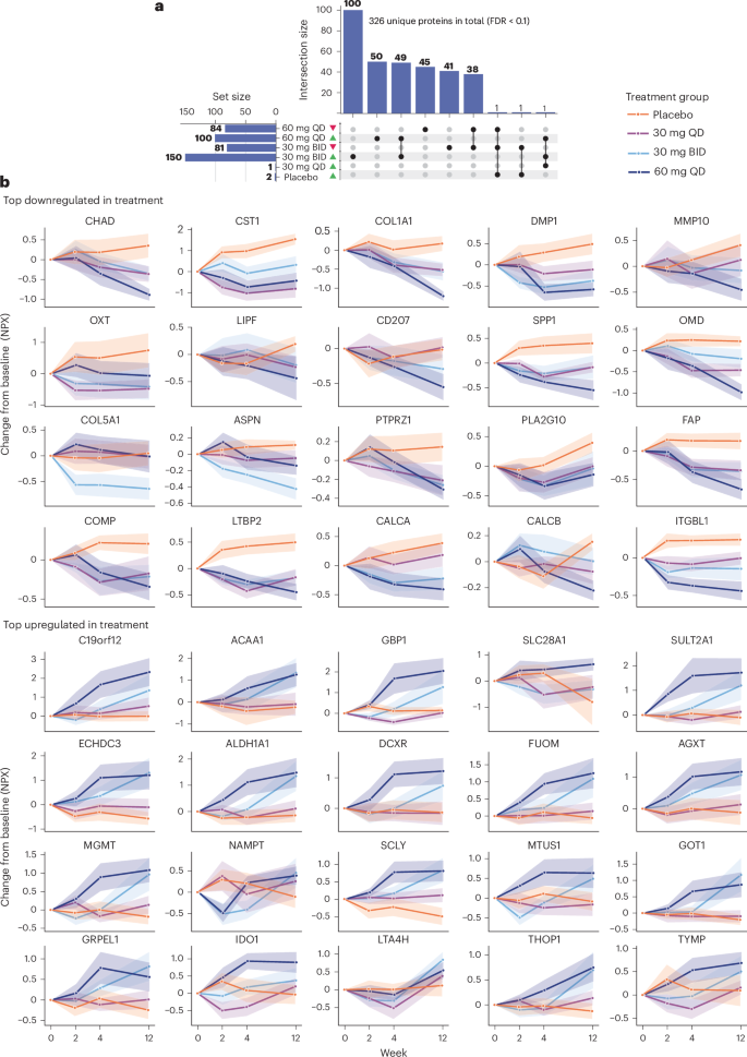 Fig. 4: Rentosertib induces time-dependent shifts in the concentrations of 326 proteins across all treatment groups.