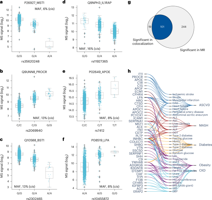 Fig. 5: Effect sizes and integration of pQTLs with known variant–trait associations.