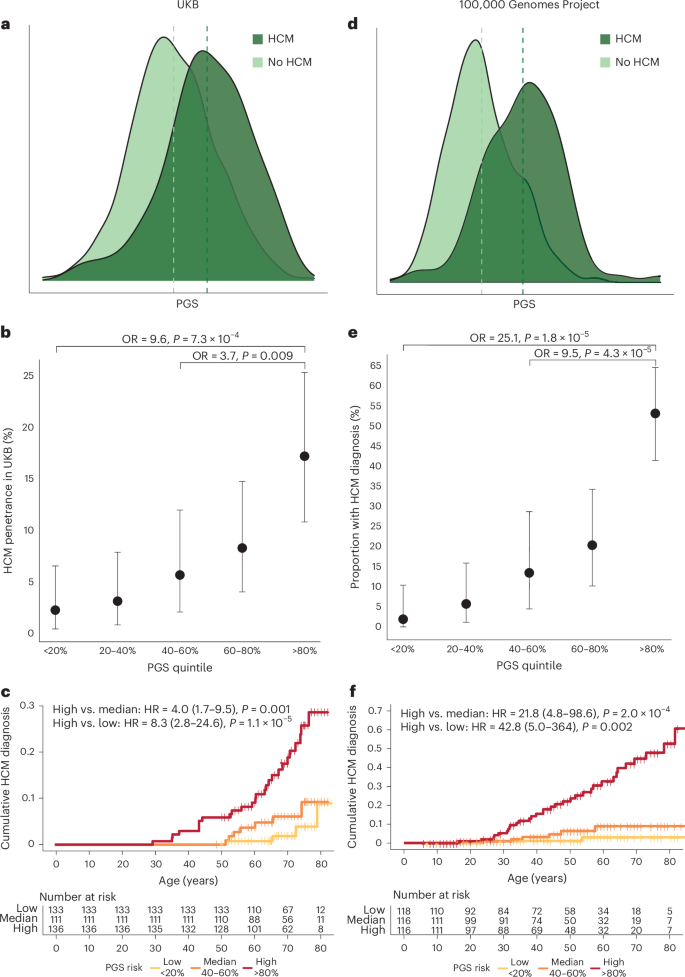 Fig. 3: PGS modulates HCM penetrance in carriers of rare pathogenic variants in HCM-associated genes.