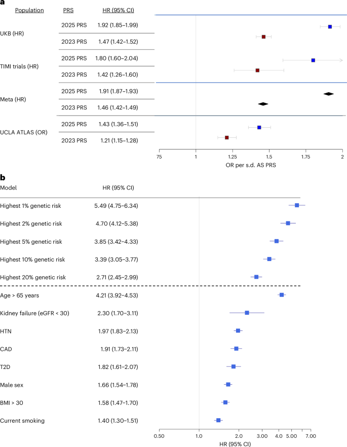 Fig. 5: Performance of AS PRS in European genetic ancestry individuals from the UK Biobank, TIMI trials and UCLA ATLAS.