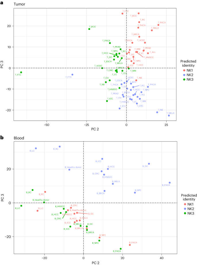 Fig. 8: Distinct transcriptional phenotypes of NK1, NK2 and NK3 cell subsets in the blood of people with cancer and at the tumor bed.