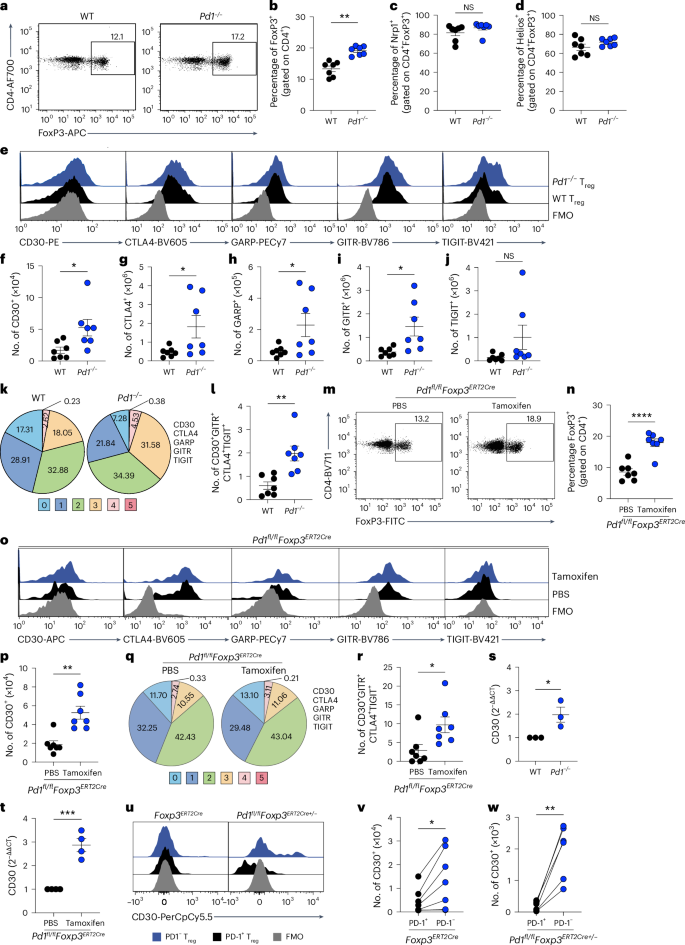 Fig. 1: PD-1 deficiency in Treg cells upregulates coinhibitory receptors including CD30.