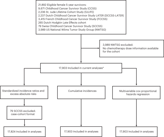 Fig. 1: Cohort composition diagram of eligible female 5-year childhood cancer survivors in each analysis.