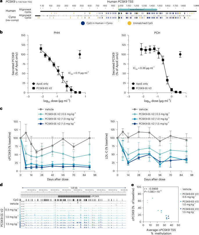 Fig. 6: Activity of a human PCSK9 EE in PCHs in vitro and cynomolgus monkeys in vivo.