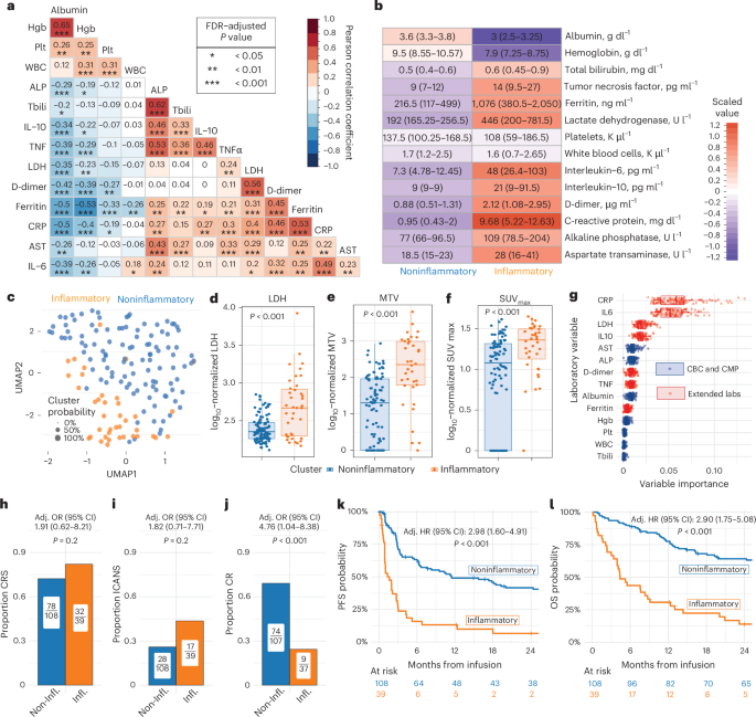 Fig. 1: Gaussian mixture model of 14 pre-CAR-T infusion labs (InflaMix) identifies an inflammatory signature associated with higher tumor burden and poor clinical outcomes.