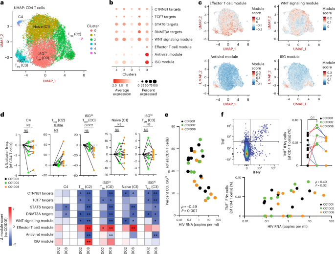 Fig. 5: ISG signatures unique to myeloid and T cells increase within 24 hours of anti-PD-1 therapy and persist in individuals with low HIV reservoir at treatment end.