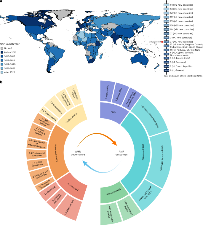 Fig. 1: Global progress in implementing NAPs and the AMR governance–outcome evaluation index framework.