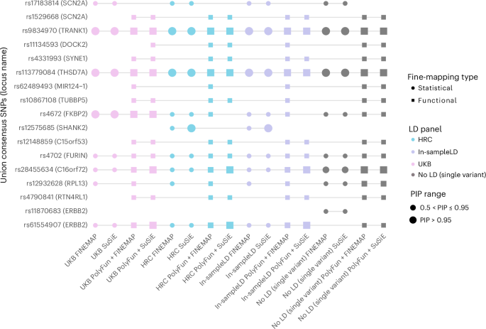 Fig. 3: Plot of union consensus SNPs across all 16 fine-mapping analyses, including different LD options and fine-mapping methods.