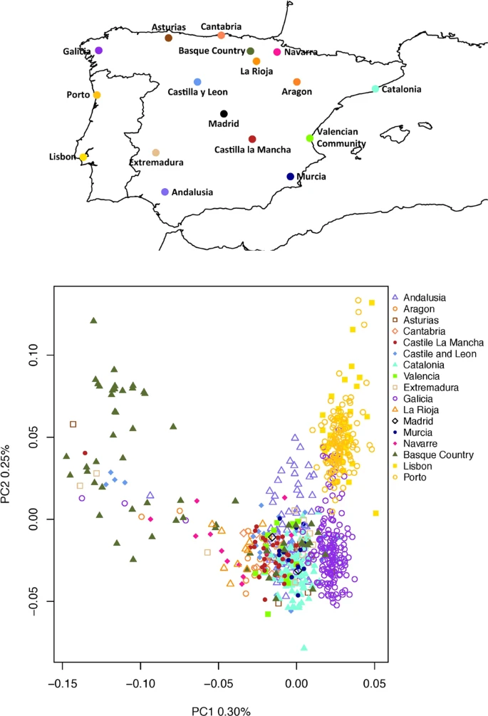 Un análisis espacialmente explícito revela gradientes genéticos humanos complejos en la Península Ibérica 41598_2019_44121_Fig1_HTML