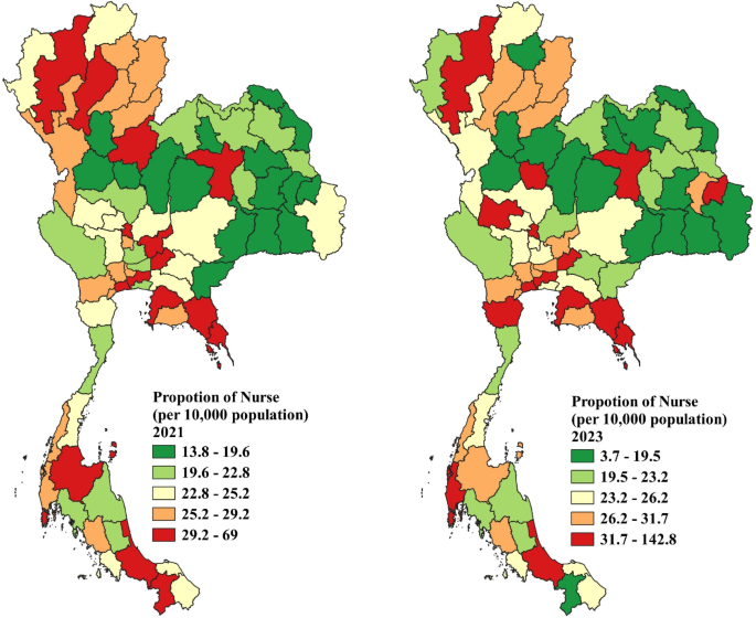 Prevalence of the proportion of nurses (per 10,000 population) during 2021 & 2023