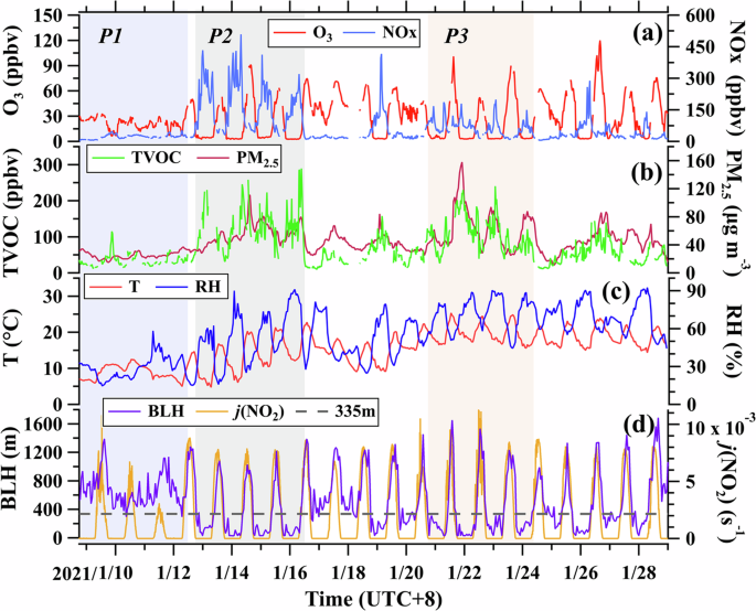 Fig. 1: Time series of concentrations of chemical species along with meteorological parameters at ground level during the campaign.