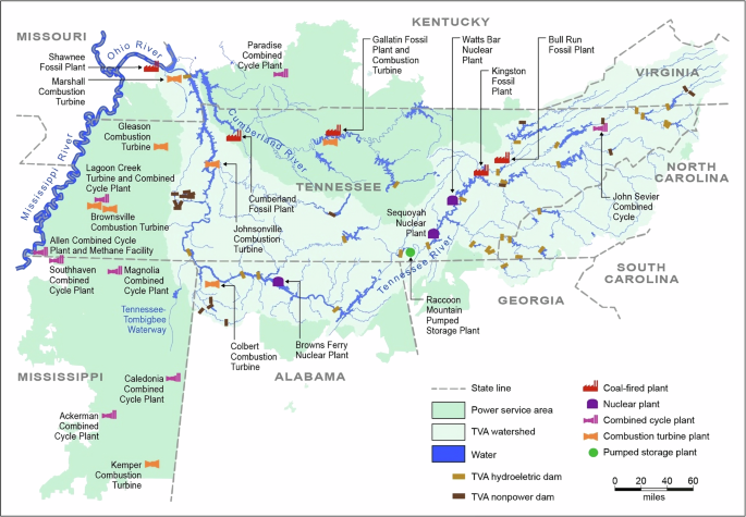 Fig. 1: Map depicting the Tennessee Valley Authority (TVA) service area and the locations of key electricity generating assets within the region.