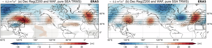 Fig. 6: Upper tropospheric atmospheric response to Rossby wave sources in the SouthEast Asia (SEA) and Sub-Saharan Africa (SSA) regions.