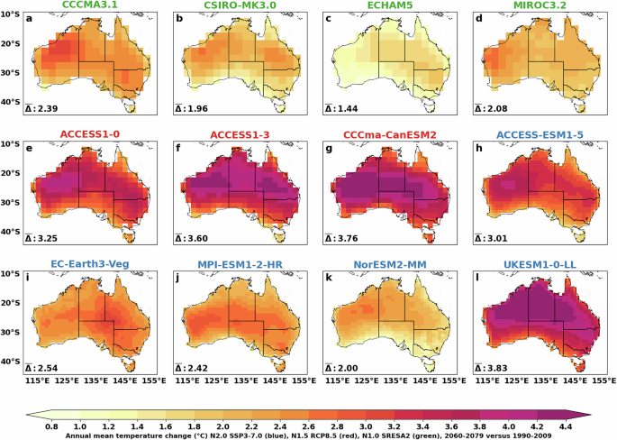 Fig. 10: Temperature projection for each GCM used in NARCliM for high emission (SSP370, RCP85 and A2) in three NARCliM generations.