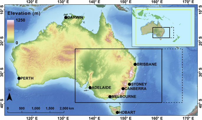 Fig. 1: Topographic variation across Australia and major cities.