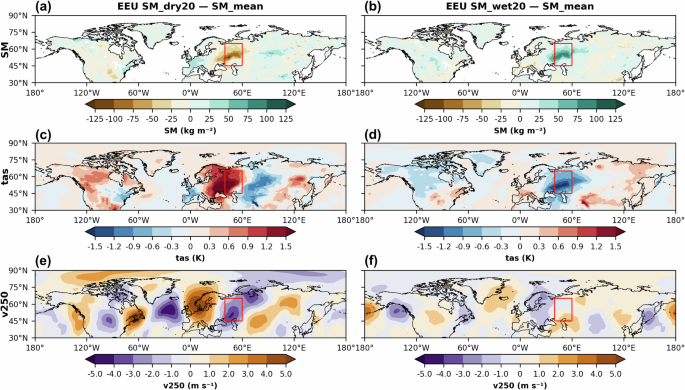 Fig. 3: Composites for difference maps between EEU dry/wet soil and ensemble climatology means in July for the simulated year 2011.