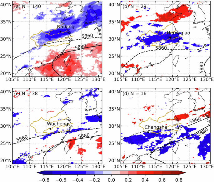 Fig. 4: Spatial fingerprints of the regional amount effect at the four sites.
