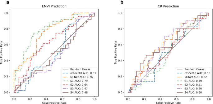 Fig. 6: The ROC Curves for the ablation study of EMVI classification and CR prediction in the external cohort (n = 97) using DWI only.