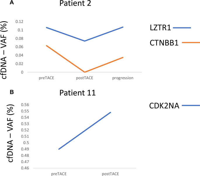 Fig. 2: The Variant Allele Frequency (VAF) of specific mutations changes during the course of the treatment.