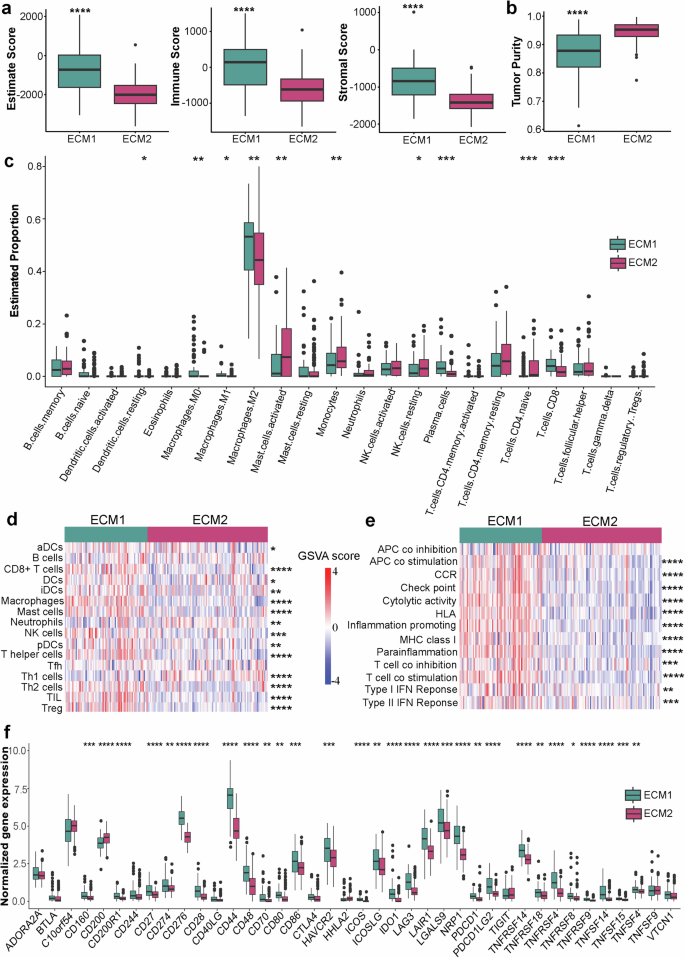 Fig. 3: Immune microenvironment and immune-related signatures in ECM1 and ECM2 subtypes.
