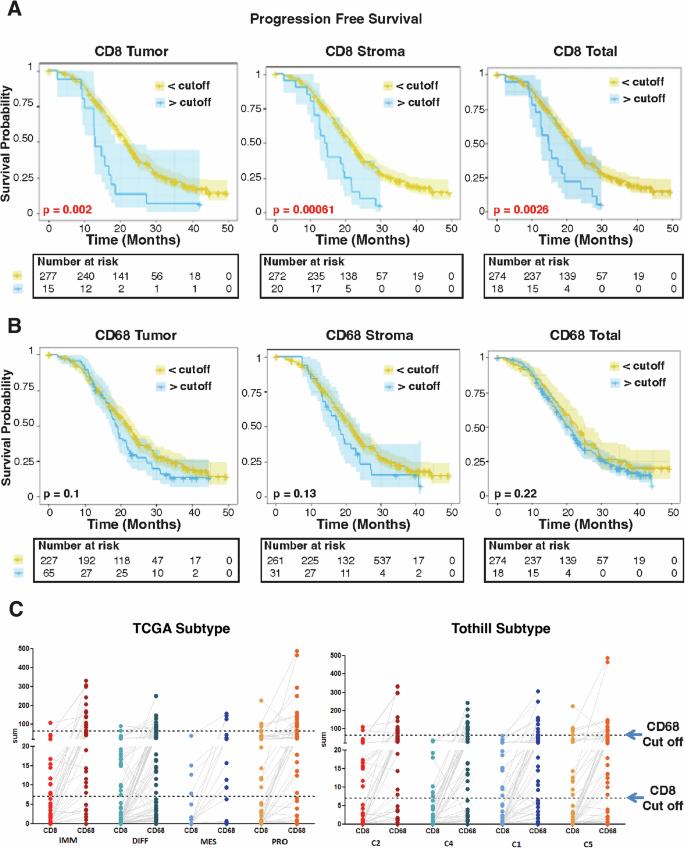 Fig. 3: Prognostic values of CD8 and CD68 immune infiltration in analyzed cases.
