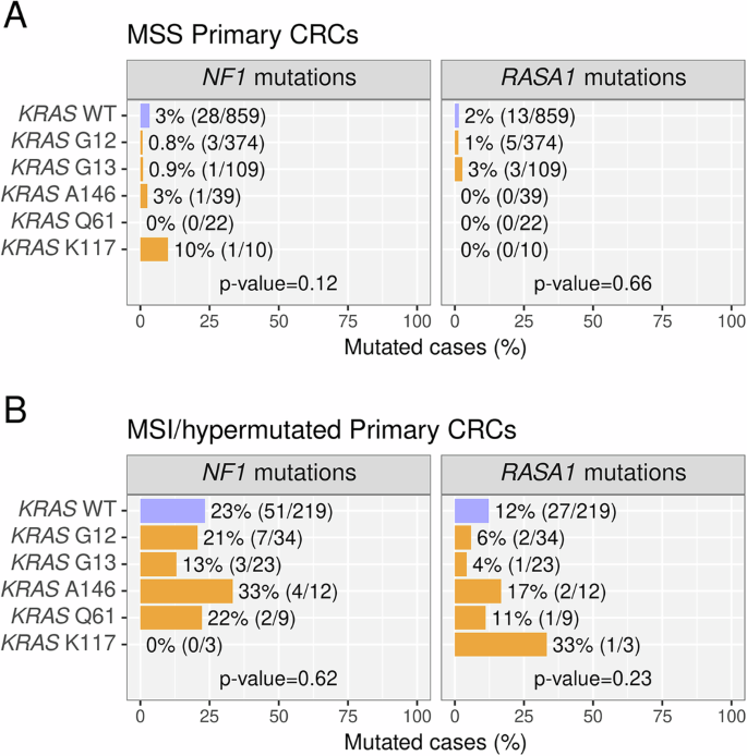 Fig. 7: Co-mutation analysis of NF1 and RASA1 with codon-specific KRAS mutations.