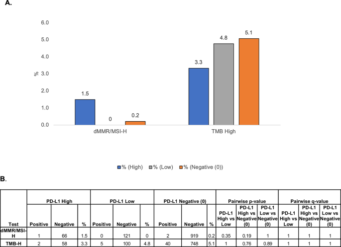 Fig. 2: Prevalence of TMB-H and MSI-H in PD-L1 High, low and negative groups.