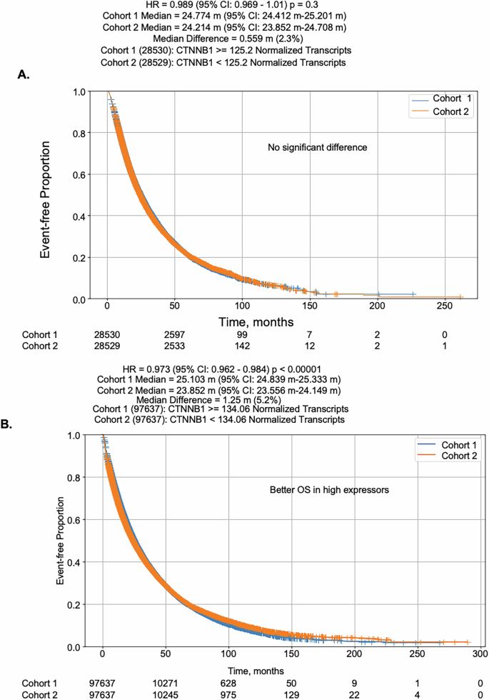 Fig. 7: Overall survival analyses comparing CTNNB-1 high with low expressing HCC tumors.