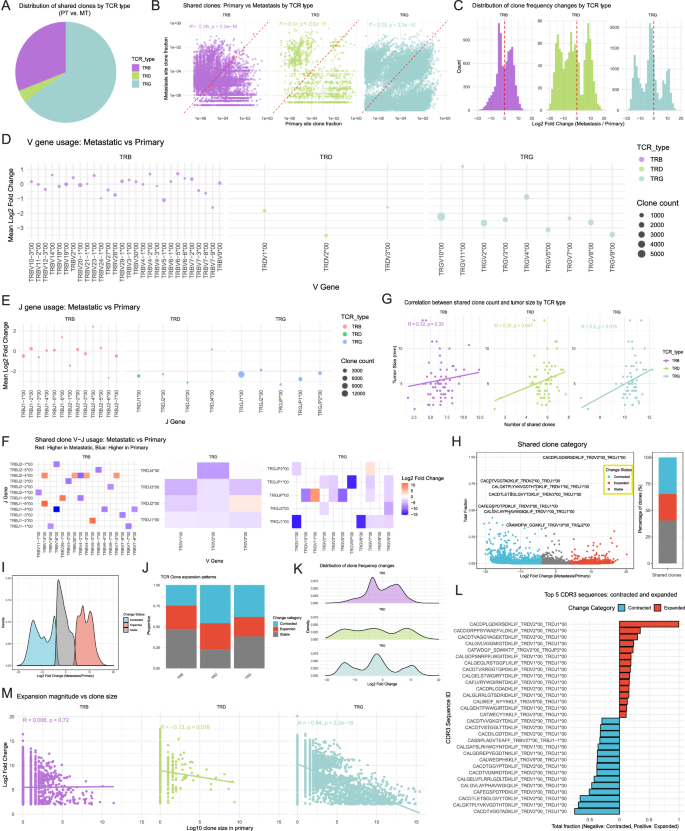Fig. 5: Analysis of shared clonotypes and T-cell receptor (TCR) clonal variations between metastatic and primary colorectal cancer (CRC) patients.