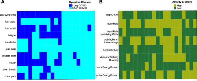 Fig. 5: Heatmaps of unsupervised classes of 21 patients that have complete symptom and activity data.