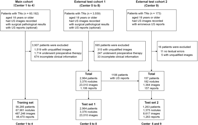 Fig. 1: Enrollment of the main cohort and two external test cohorts.