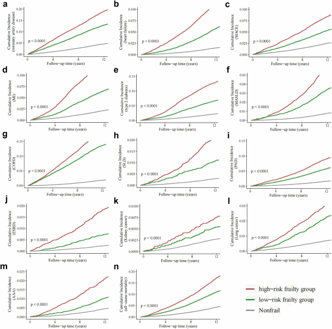 Fig. 4: Cumulative incidence rates of outcomes stratified by low-risk frailty group and high-risk frailty group.