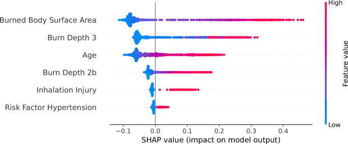 Fig. 4: SHAP summary plot demonstrating feature influence on the Random Forest model’s predictions for sepsis in burn patients.