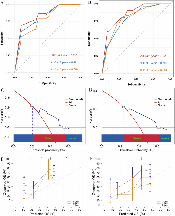 Fig. 5: Performance evaluation of the StepCox[forward] + RSF model for predicting OS.