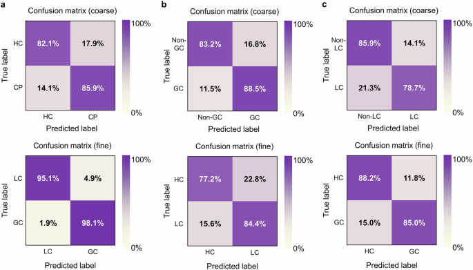 Fig. 6: Confusion matrices of hierarchical classification results using different coarse–fine configurations.