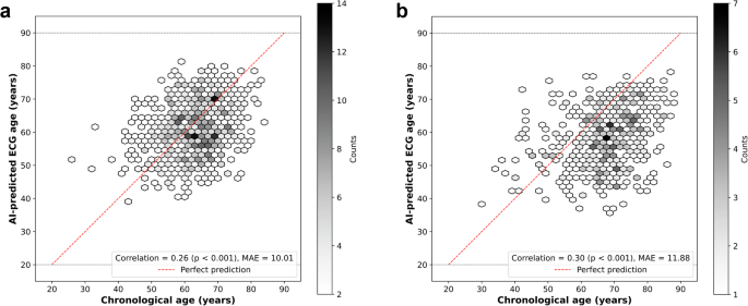 Fig. 2: Performance of PROPHECG-Age Single: correlation between AI-predicted ECG age and chronological age.