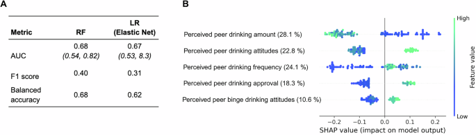 Fig. 3: Model output summary and SHAP summary for prediction on the external test set.