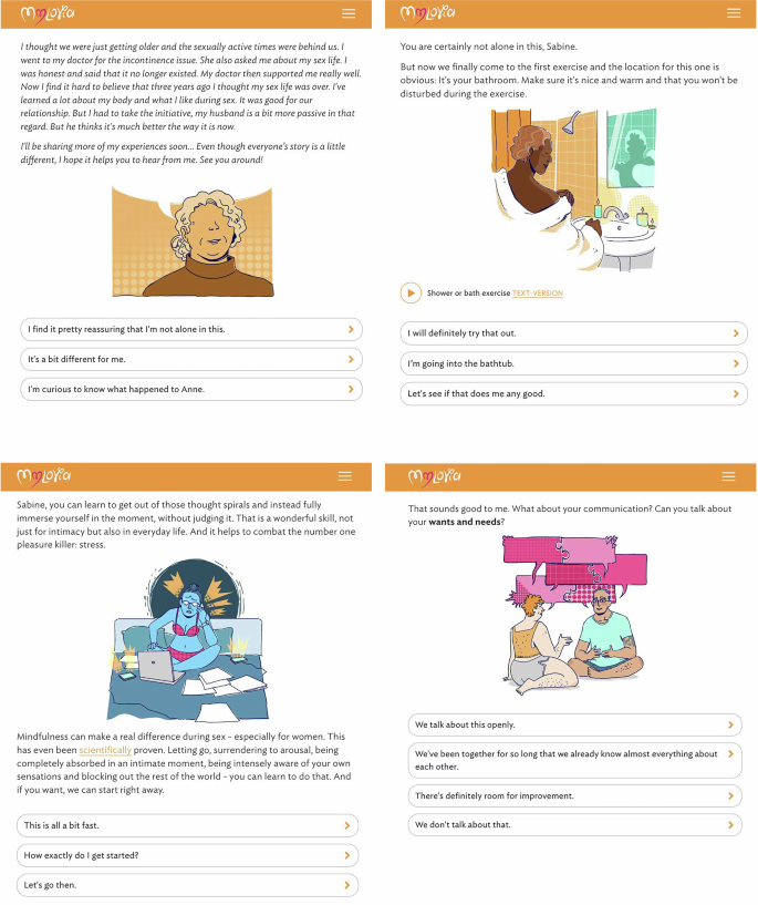 Fig. 4: Selected screenshots of mylovia, translated to English for illustration purposes.