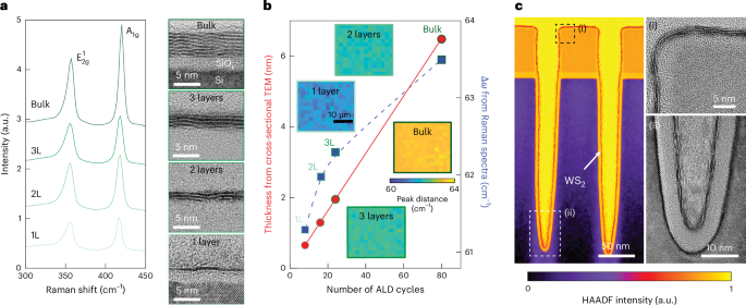 Fig. 2: Thickness control and conformality of WS2 ALD growth.