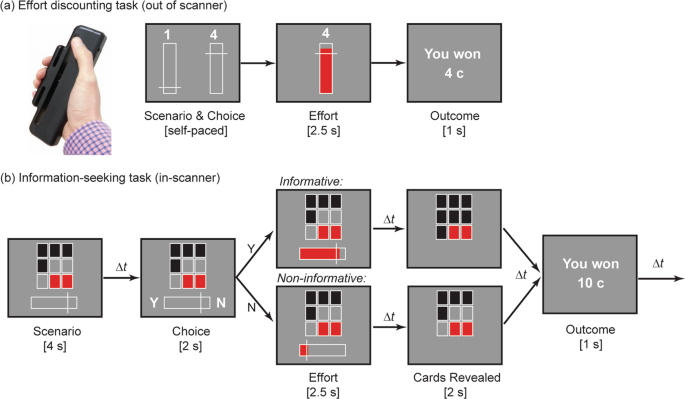 Fig. 1: Trial structure for the effort-discounting, and information-seeking tasks.