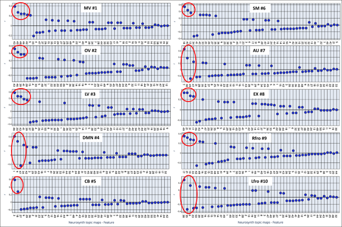 Fig. 8: Large-scale functional networks associated with neurosynth topic maps.
