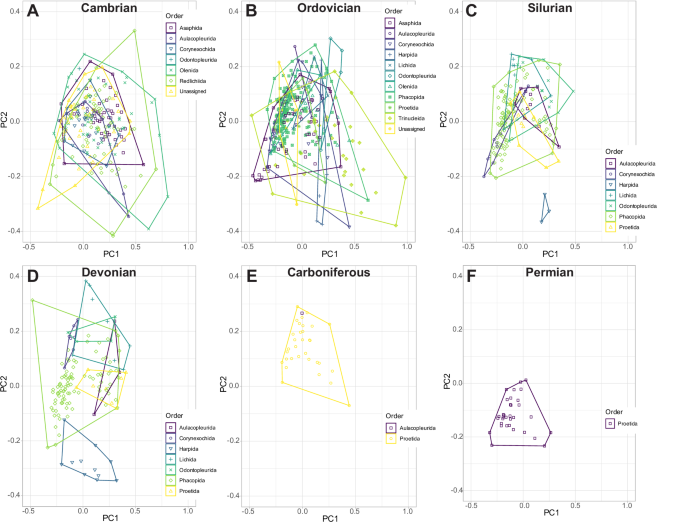 Fig. 9: Separate principal components analysis (PCA) morphospace plots of trilobite cephalic outlines for only specimens present in each geological Period.
