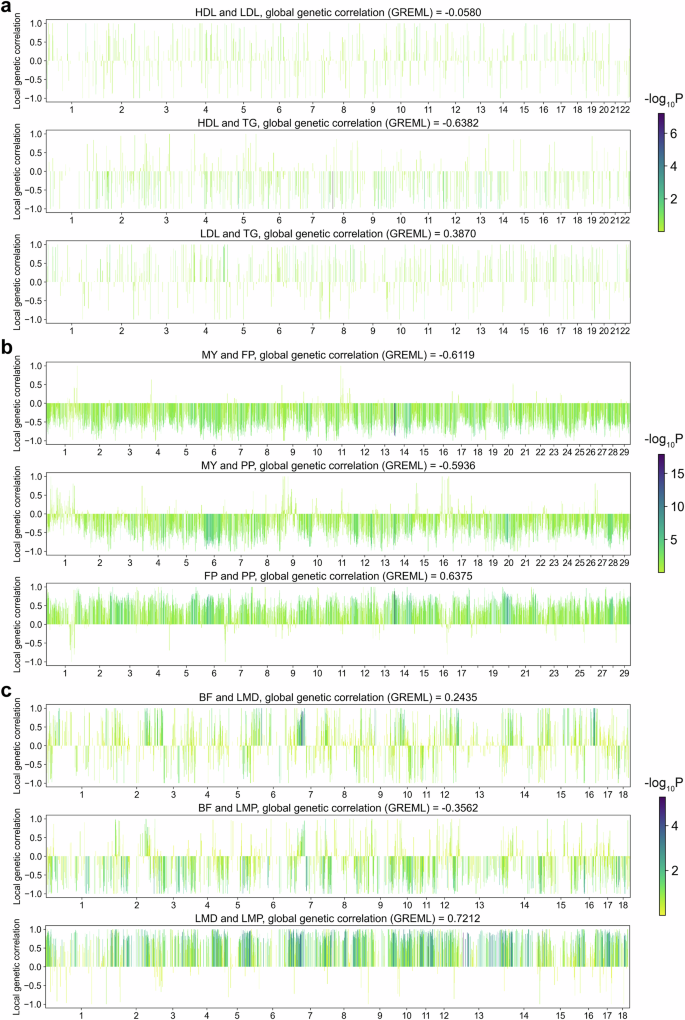 Fig. 3: Estimated local genetic correlations for all trait pairs in the real datasets.