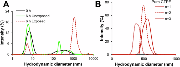 Fig. 3: Size analysis of in situ generated CTPF through photocleavage of PhoCl1 using dynamic light scattering (DLS).