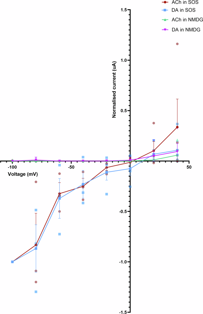 Fig. 3: The effect of a lack of sodium ions on the response of the A. mellifera a5 nAChR subunit expressed in X. laevis oocytes to agonists.