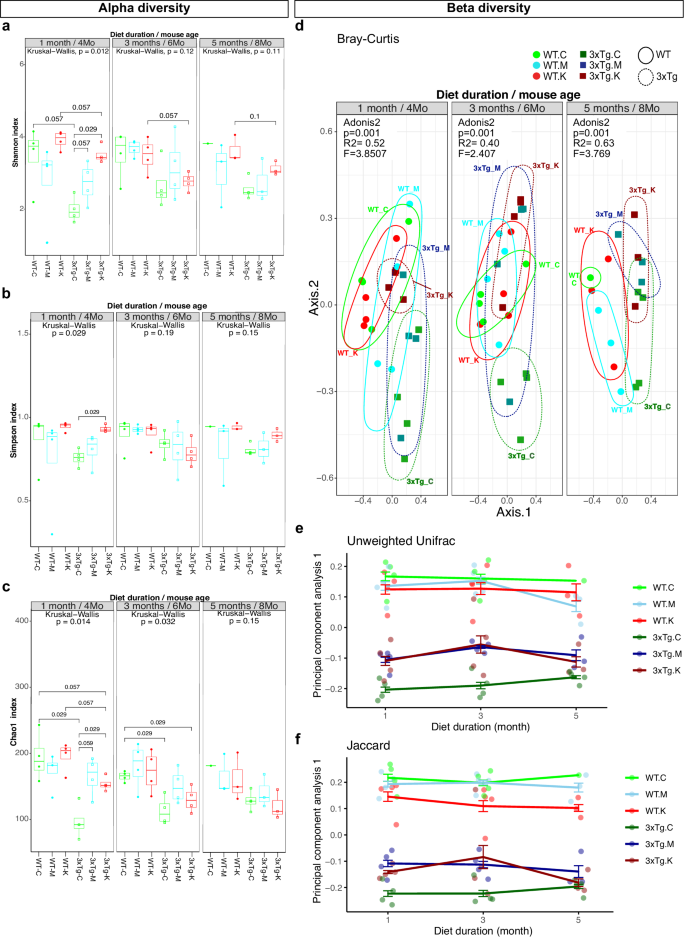 Fig. 2: 1-month of MCT and KD partially reversed lower gut microbiome diversity in 3xTg-AD mice.