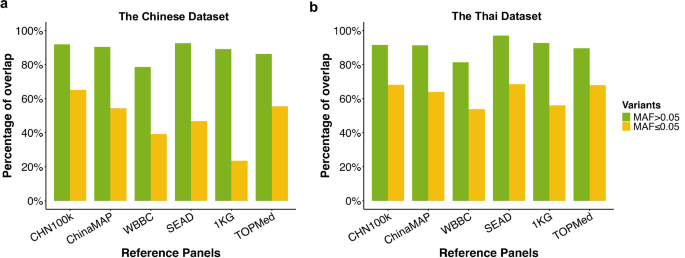 Fig. 1: Percentage of WGS-Identified Variants from Chinese and Thai WGS Dataset Overlapping with Imputed Variants Across Reference Panels.
