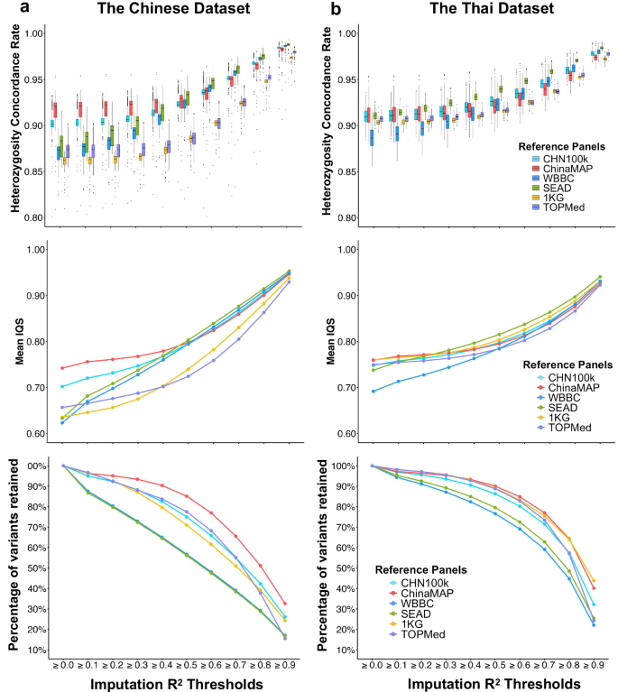 Fig. 3: Evaluation of Imputation Quality Across Reference Panels by Imputation R2 Thresholds in Chinese and Thai WGS Datasets.