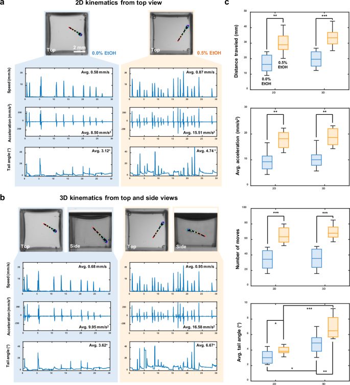 Fig. 5: 2D and 3D kinematics of zebrafish larvae under ethanol exposure.