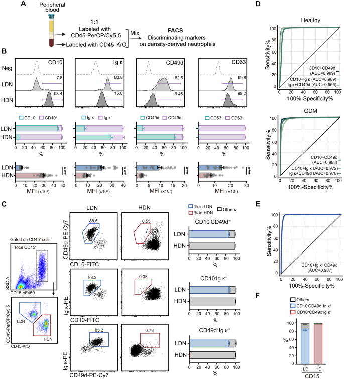 Fig. 2: Identification of immature low-density neutrophils using CD10, Ig κ, and CD49d.